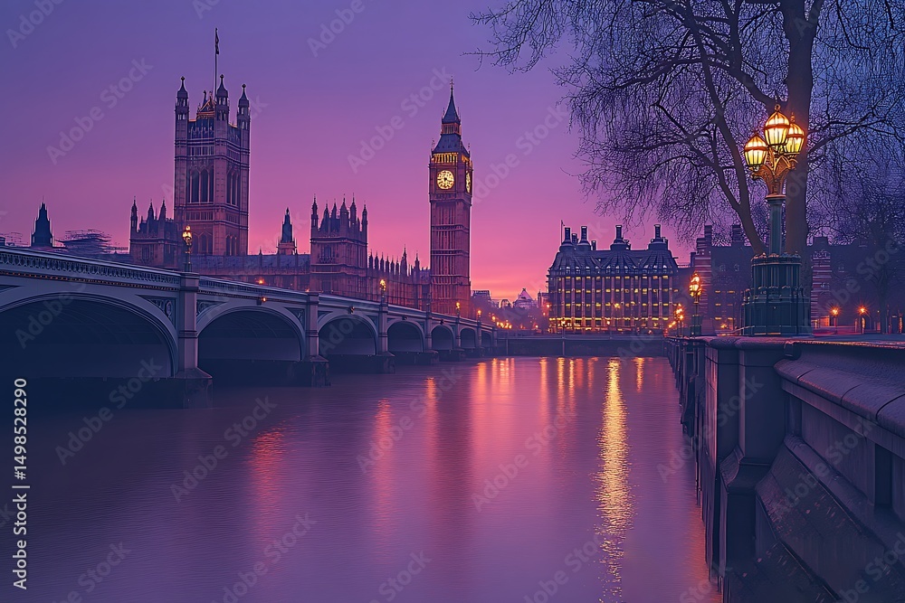 Naklejka premium Evening view of big ben and westminster palace reflected in the thames river