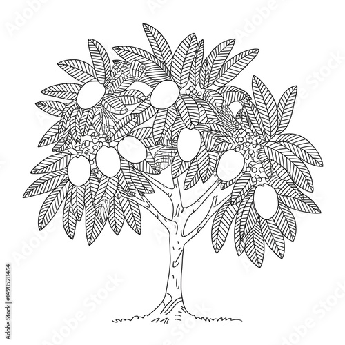 ‎A black and white mango tree line art of a coloring page