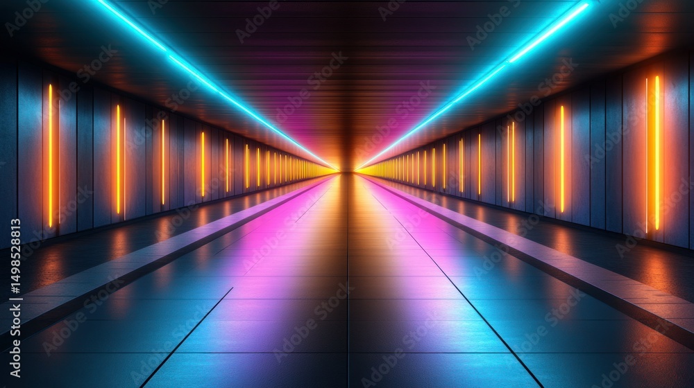 Fototapeta premium Neon tunnel, futuristic corridor, glowing lights, empty space