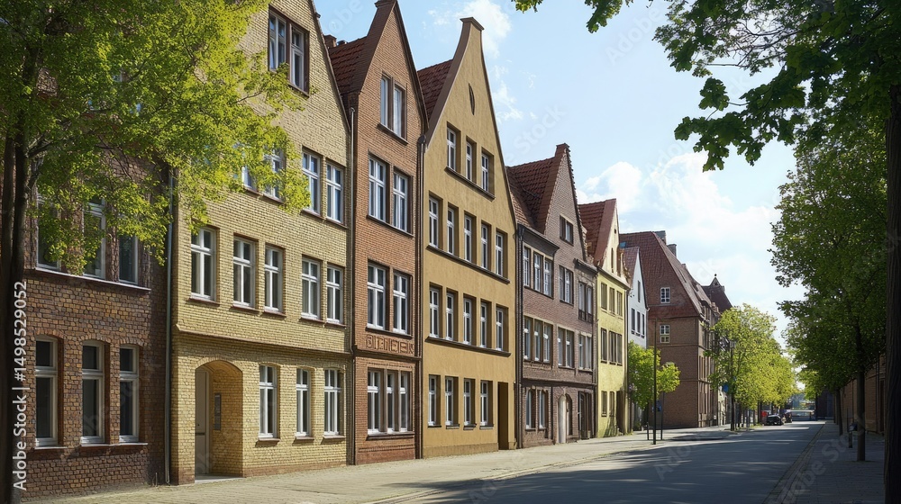 Fototapeta premium Charming Street in German Town, Historic Architecture, Gable Roofs, and Lush Greenery.