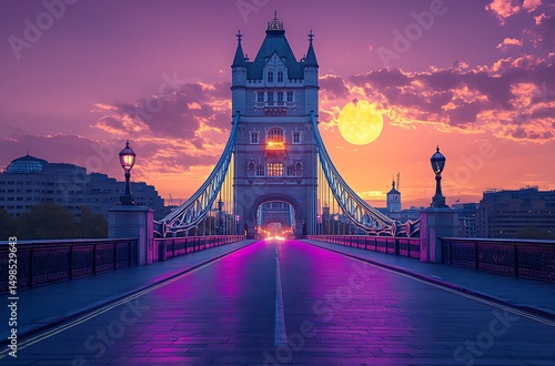 Tower bridge in london illuminated under a majestic sunset or sunrise sky display.