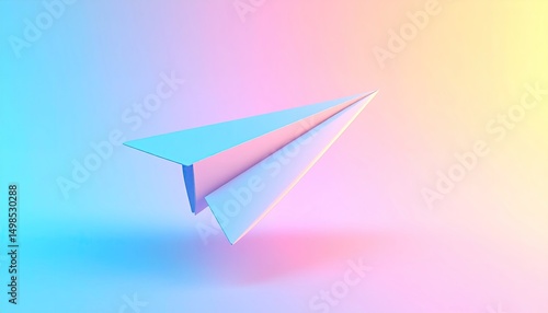 A rendered three dimensional paper airplane with a colorful gradient background. The object is centered with a light source creating shadows and emphasizing form and texture