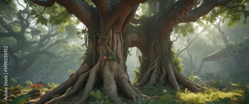 Ancient tree trunk, vibrant exotic vines & leaves, lush jungle foliage, jungle,  tree