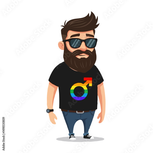 Vector Illustration of Hipster Bearded Man Showing T-Shirt with Male Gender Identity Symbol on White Background