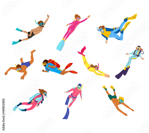 A dynamic illustration set of diving characters in various poses, equipped with snorkels, wetsuits, fins, and oxygen tanks for underwater activity themes, marine sports designs, and adventure visuals.