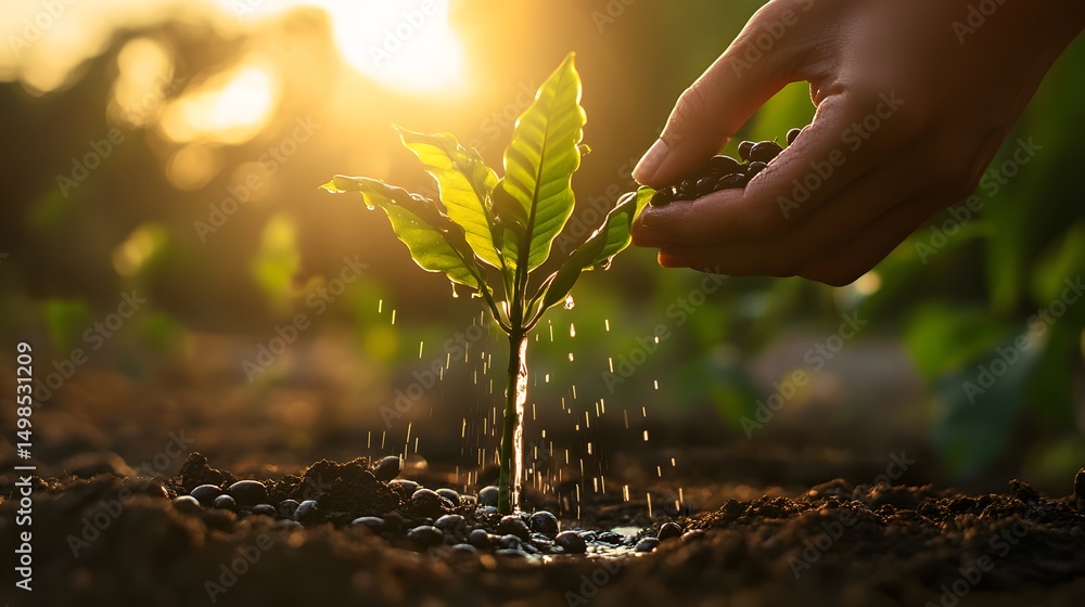 Fototapeta premium A young plant is watered in the sunlight.