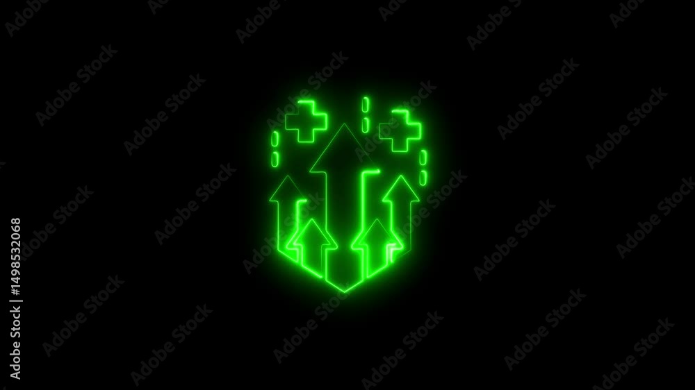 Glowing green neon arrows ascending on a dark background with plus symbols Glowing green neon arrows ascending on a dark background with plus symbols