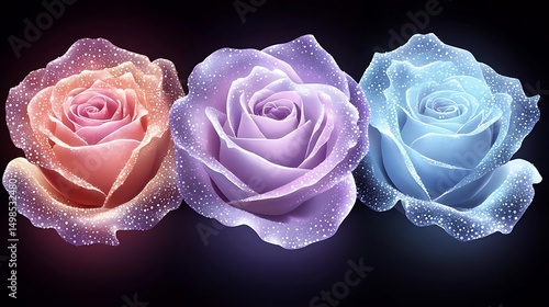 Glowing roses, dark background, floral design, greeting card