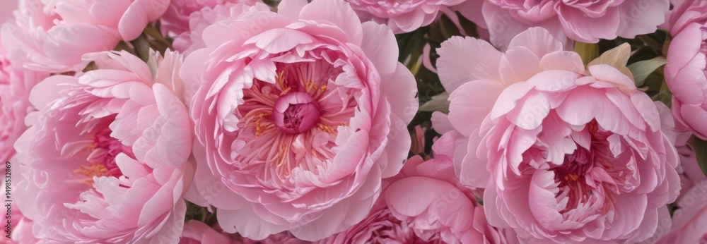 Obraz premium Tightly packed pink peonies, gentle pink background, blossoms, wallpaper