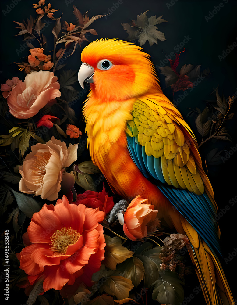 Fototapeta premium A vibrant parrot perched among colorful flowers, showcasing nature's beauty.