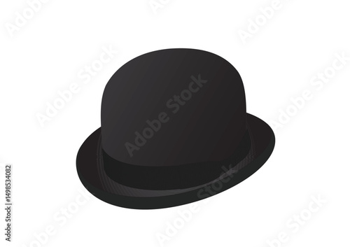 Vector fashion technical drawings of a bowler hat with 3/4 view. Dark gray color. Black ribbon detail. Felt fabric.