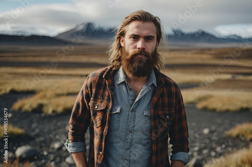 A bearded man poses confidently in front of the scenic mountain landscape.