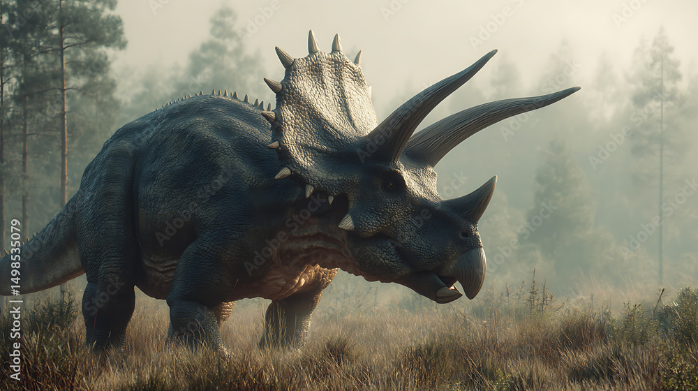 Fototapeta premium Majestic Triceratops Roaming Through Misty Forest Landscape at Dawn, Capturing Nature's Beauty