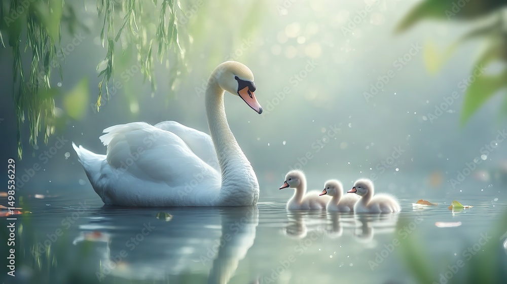 Obraz premium Swan Swimming with Cygnets in Tranquil Water with Dreamy Lighting