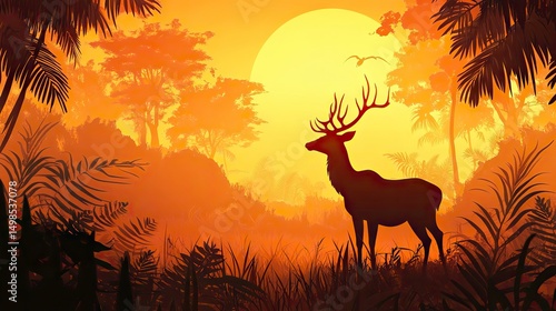 Deer in Lush Jungle Silhouette at Sunset with Birds Flying
