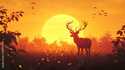 Deer in Field at Sunset with Birds Flying and Warm Tone