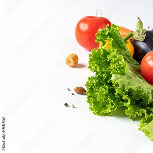 Mixed raw vegetables on white background with full depth of field for vegan food styling or healthy eating concept