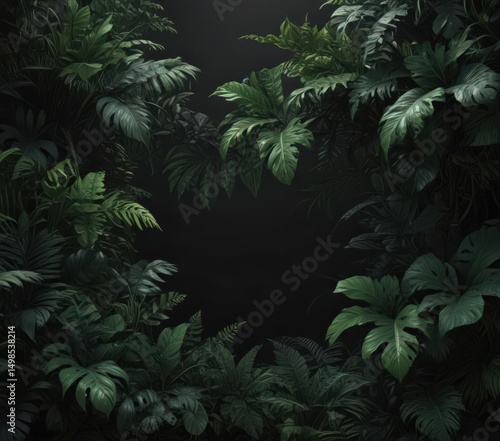 Intricate dark green tropical foliage, vines, and shadows create a mysterious, black background scene ,  design,  creeping