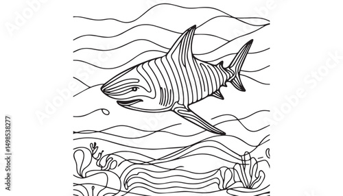 Continuous one single minimal line drawing Great white shark