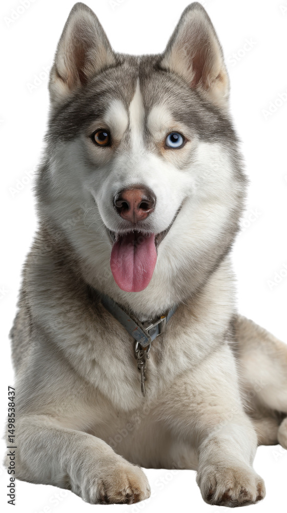 Smiling Siberian Husky: A captivating Siberian Husky, its striking heterochromatic eyes gleaming with warmth, offers a friendly gaze, tongue playfully lolling, evoking joy and affection. Smiling Siberian Husky: A captivating Siberian Husky, its striking heterochromatic eyes gleaming with warmth, offers a friendly gaze, tongue playfully lolling, evoking joy and affection.