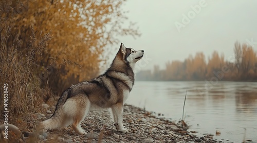 Husky Standing by River Bank in Fall Looking at Sky