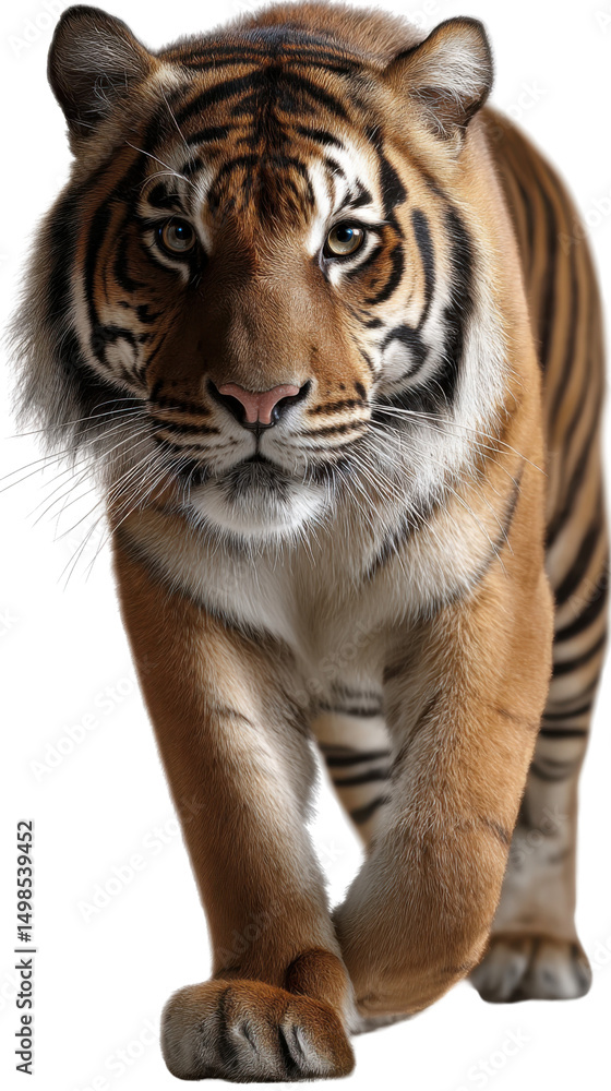 Obraz premium Majestic Tiger's Stride: A captivating portrait of a Bengal tiger, the apex predator, captured mid-stride, showcasing its formidable presence and striking black stripes against a warm, golden coat. 