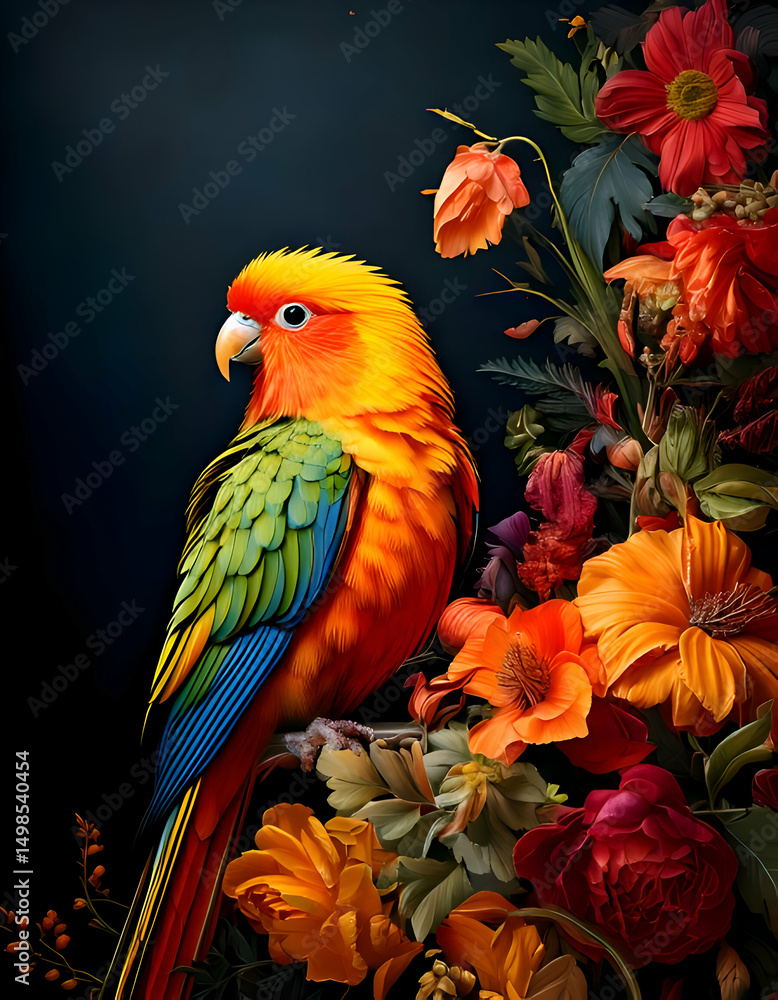 Fototapeta premium A vibrant parrot perched among colorful flowers against a dark background.
