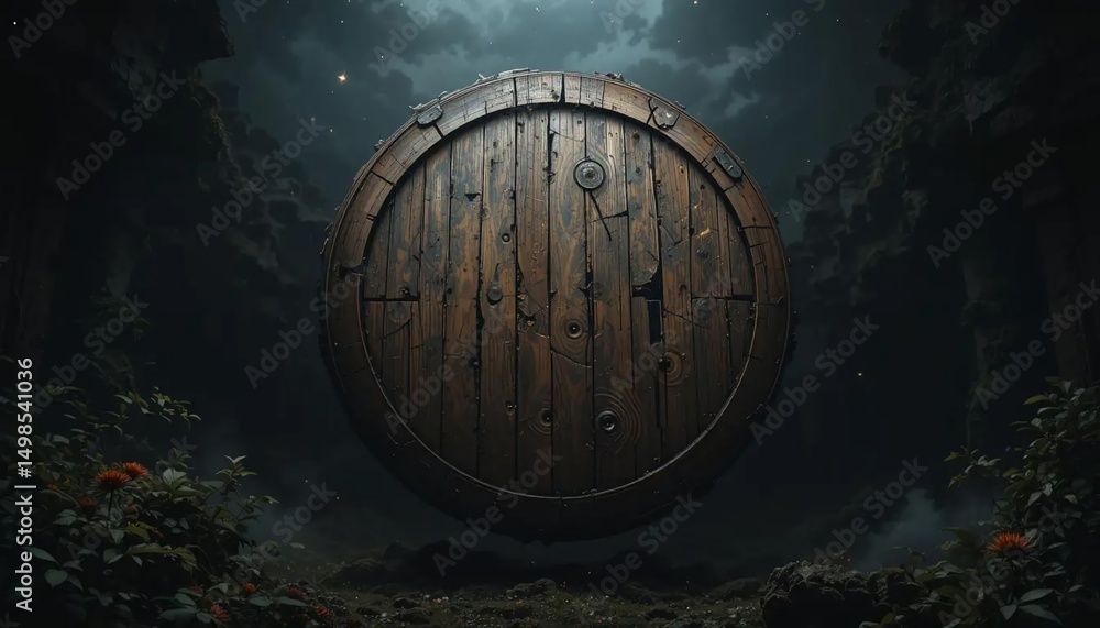 Obraz premium Mysterious Wooden Barrel Door in a Dark Forest