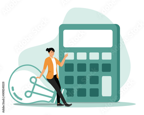 Reduce energy consumption at home. Woman Demonstrating Innovation with a Light Bulb and Calculator.