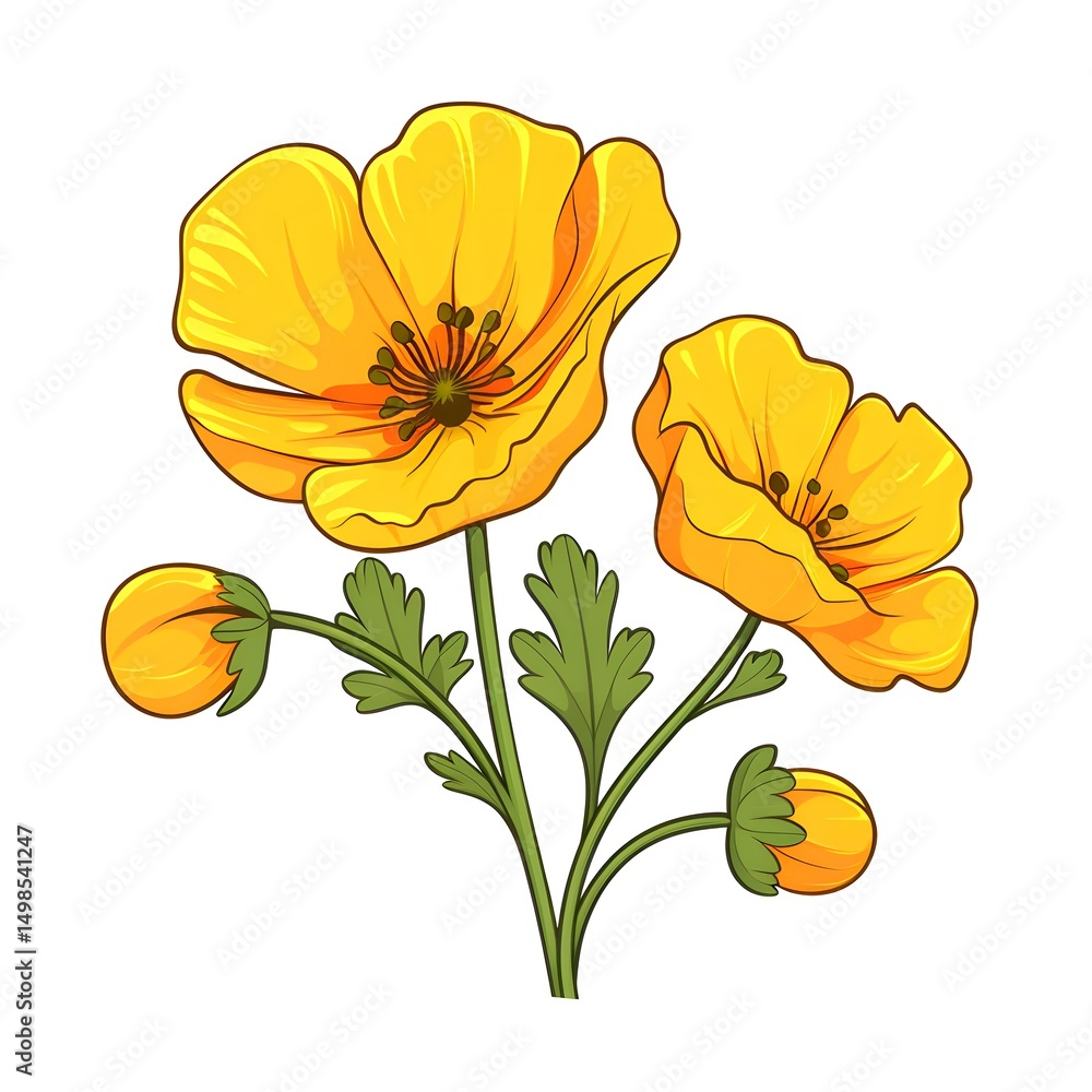 Naklejka premium Vibrant Illustration of a Beautiful Yellow Buttercup Flower for Creative Design Projects