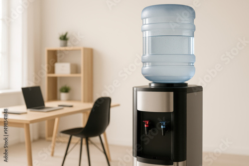 Office water cooler with empty workspace in background