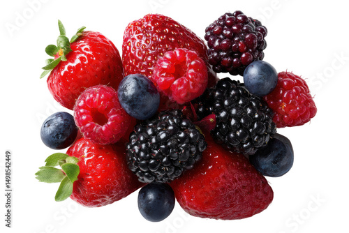 Assorted fresh berries: strawberries, raspberries, blackberries, blueberries against black background, cut out