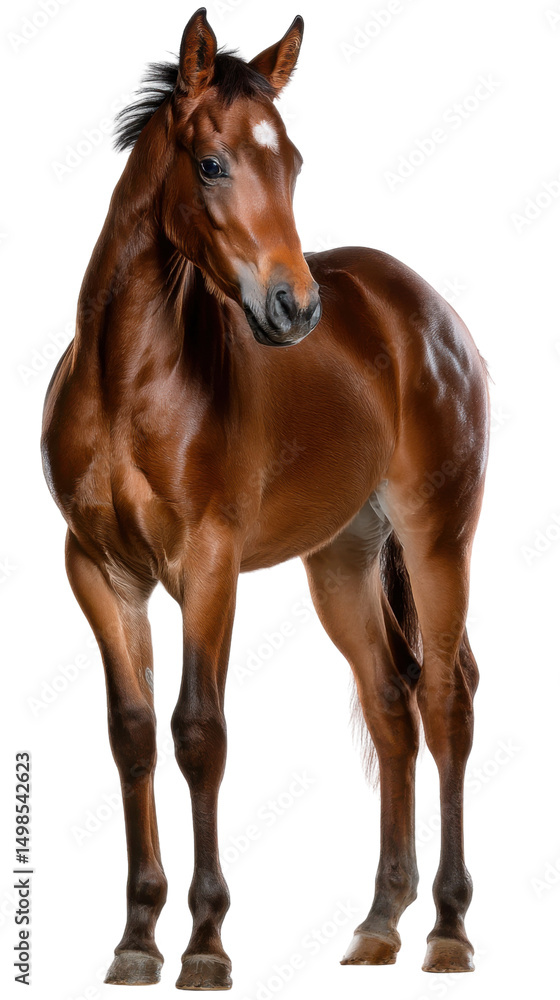 Fototapeta premium Graceful equine portrait: A magnificent brown horse, embodying strength and beauty, stands in a studio, showcasing its powerful physique and elegant presence.