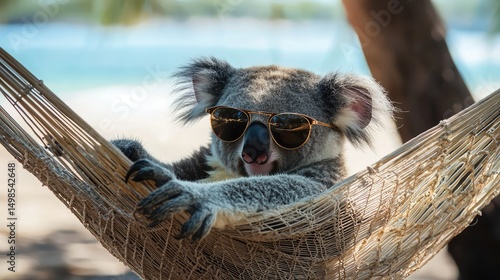 A cool koala wearing aviator sunglasses, relaxing on a hammock by the beach.