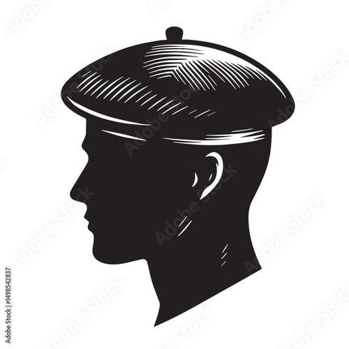 Black Color Beret Silhouette Vector Illustration, Solid White Background. minimal vector design