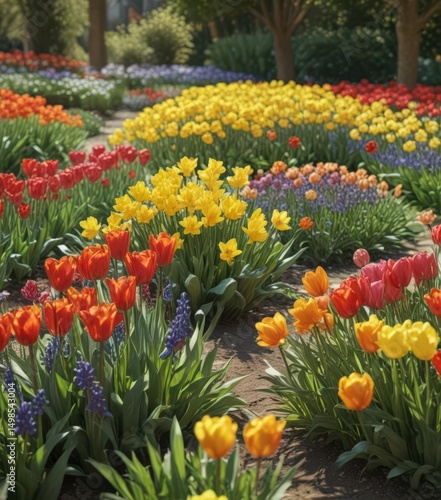 Vibrant tulips, daffodils, hyacinths in sunlit garden, botanical, petals, floral