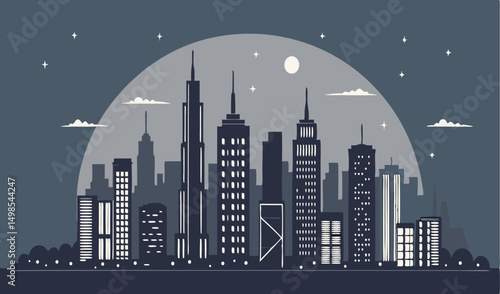 Stylized urban skyline silhouetted against a moonlit night sky.