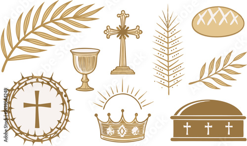 Illustrative collection of religious symbols including a crown, cross, and palm leaves.