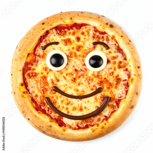 A smiling pizza with cartoonish eyes and mouth, conveying a fun and playful vibe.