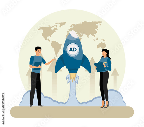 Launch AD Campaigns. Professionals initiating powerful advertising campaigns for market impact.