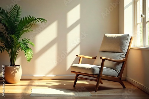Serene scene of a comfortable chair bathed in sunlight, perfect for relaxation and tranquility A cozy and inviting atmosphere captured in detail , peace, chair, soothing