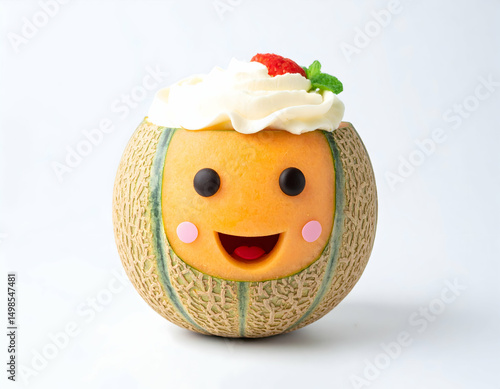 A cheerful melon dessert topped with whipped cream and a strawberry, featuring a smiling face.