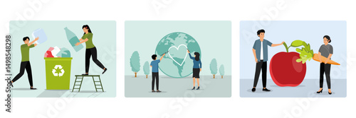 Recycling Plastic Item into a Green Recycling Bin. Trying to save planet earth. Following vegan diet