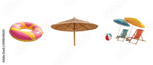 Colorful beach accessories isolated on a transparent background.