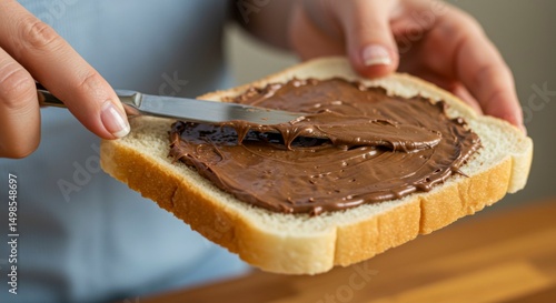 Hands spreading chocolate cream on a slice of bread