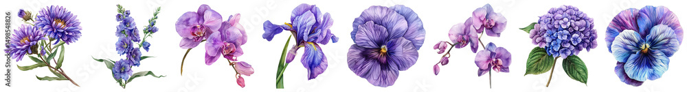 Colorful Collection of Various Purple Flowers Showcasing Distinctive Shapes and Textures Colorful Collection of Various Purple Flowers Showcasing Distinctive Shapes and Textures