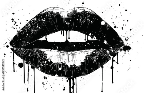 Artistic black and white illustration of lips with paint splatters, abstract concept. Vector illustration