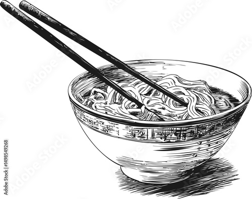 Illustration of a noodle bowl with chopsticks in detailed line art style. Vector illustration