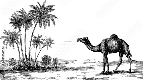 Camel walking towards palm trees in a desert landscape, black and white illustration. Vector illustration