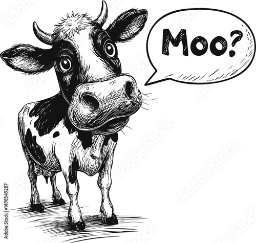 Black and white drawing of a curious cow with speech bubble saying 'Moo?'. Vector illustration